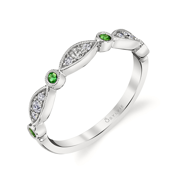 Vintage Inspired Emerald and Diamond Stackable Band